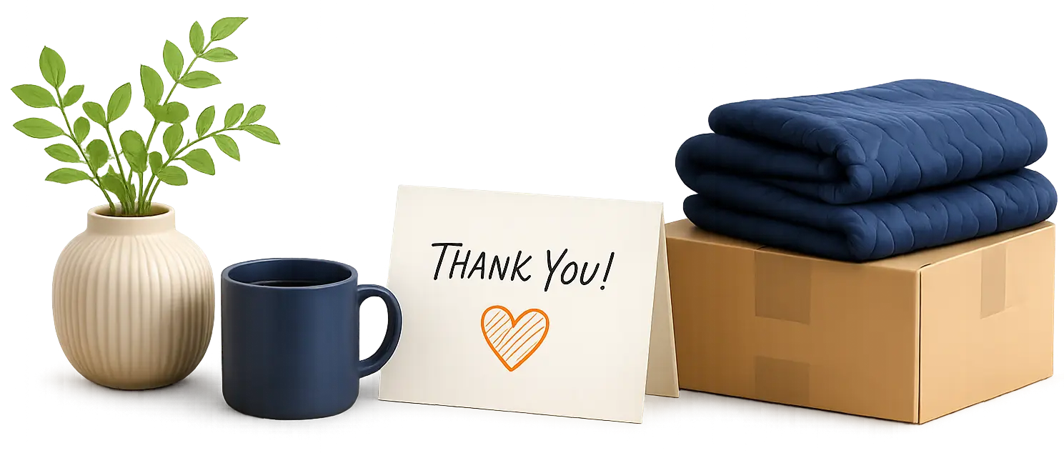 Moving boxes with a thank you card